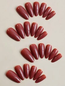 24Pcs Rusty brown Press on Nails Medium Length Stiletto False Nails Glossy Acrylic Stick on Nails Solid Color Almond Full Cover Artificial Nails for Women and Girls - Rust Brown - View 2