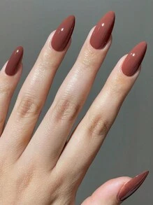 24Pcs Rusty brown Press on Nails Medium Length Stiletto False Nails Glossy Acrylic Stick on Nails Solid Color Almond Full Cover Artificial Nails for Women and Girls - Rust Brown - View 1