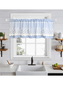 Lattice Valance For Window Door Decor - Short Curtain With White Lace, 17 X 59 Inch, Blue - plaid blue - View 5