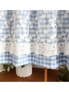 Lattice Valance For Window Door Decor - Short Curtain With White Lace, 17 X 59 Inch, Blue - plaid blue - View 8