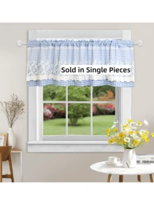 Lattice Valance For Window Door Decor - Short Curtain With White Lace, 17 X 59 Inch, Blue - plaid blue - View 3
