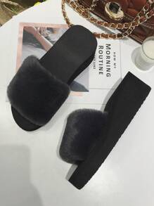 女冬季厚底毛皮拖鞋,室內戶外坡跟鞋