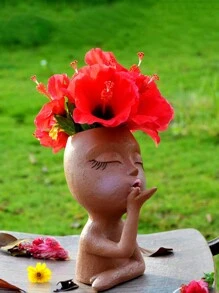 1pc Head, Face Planters, Kissing Girl Flowerpot, Lady Head Flower Pot, Female Kiss Faces Small Resin Art Succulent Pots For Indoor Outdoor Plants, Kissy Brown.Small Resin Statue Flower Pot With Drainage Function. - Multicolor - View 5