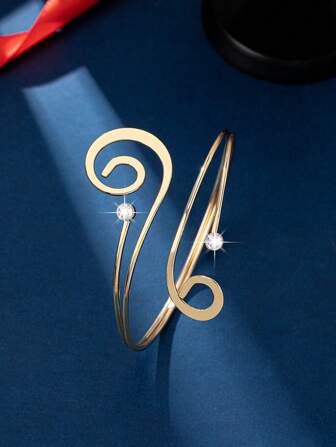 Gold Plated Double Tail Fish Shape Armlet With Rhinestone Detail