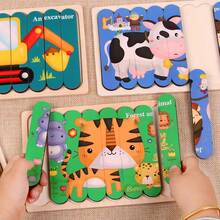 Creative Wooden Jigsaw Puzzle, Children's Early Education Cartoon Animal Story Traffic Fruits Double-sided Puzzle Board Educational Toy