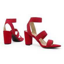 Women Minimalist Summer Sandals, Elastic Strap Chunky Low Heeled Sandals For Summer/Spring - Đỏ - Xem 4