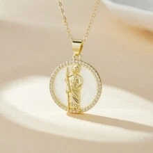 Pearl Shell  Round Shape Charm Catholic Jewelry Mivro Pave Cubic Zirconia Pendant Necklace for Women - Pink Of San Jude - View 7