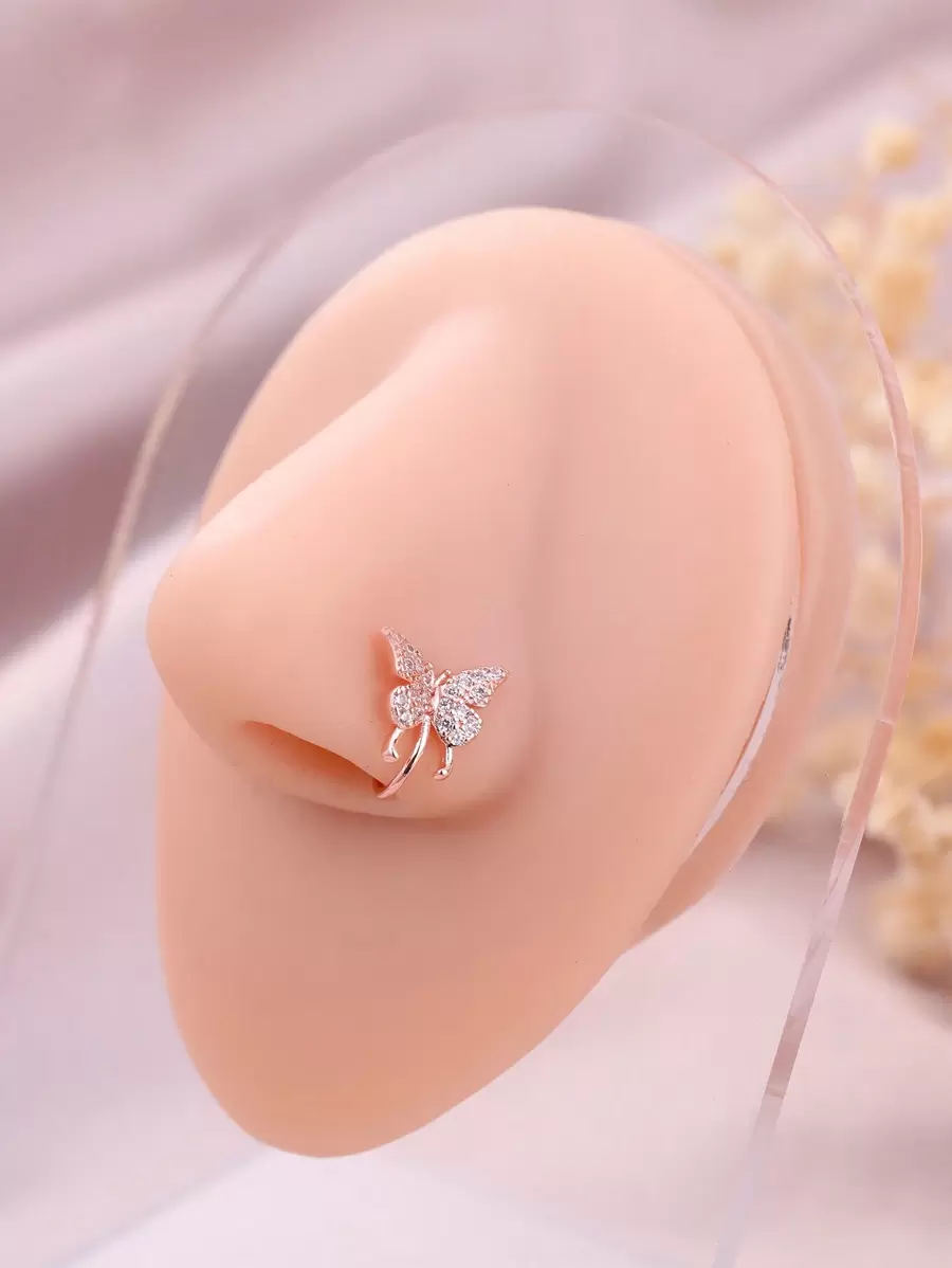Nooxian 1 pieza Anillo falso de nariz con mariposa, cobre y circonita cúbica - Oro rosa - Ver 1