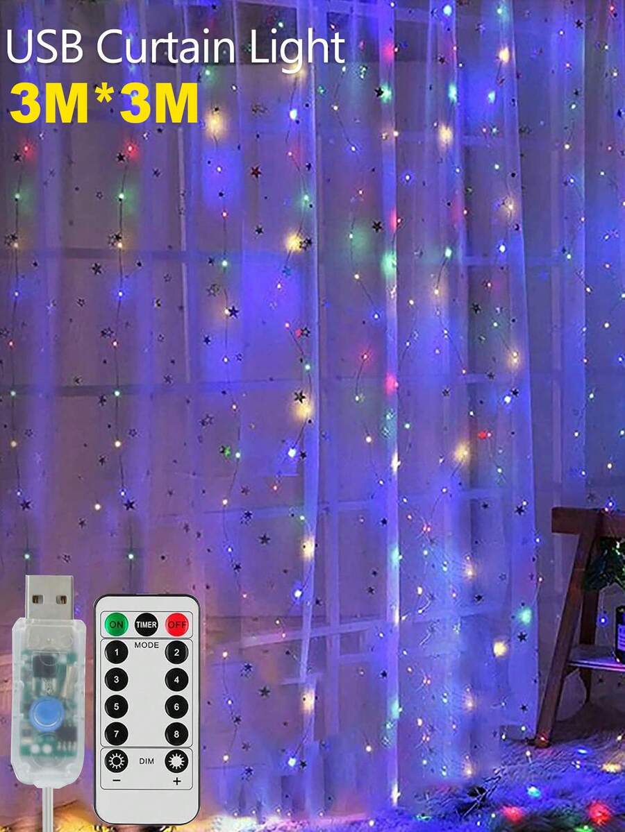 1 件窗帘灯串，USB 供电仙女灯，不含挂钩，8 种照明模式，遥控器，防水适用于派对卧室墙壁闪烁室内室外装饰圣诞装饰圣诞装饰圣诞礼物感恩节圣诞树装饰饰品圣诞灯卧室装饰家居装饰派对装饰节日节日房间装饰 - 彩色 - 查看 1