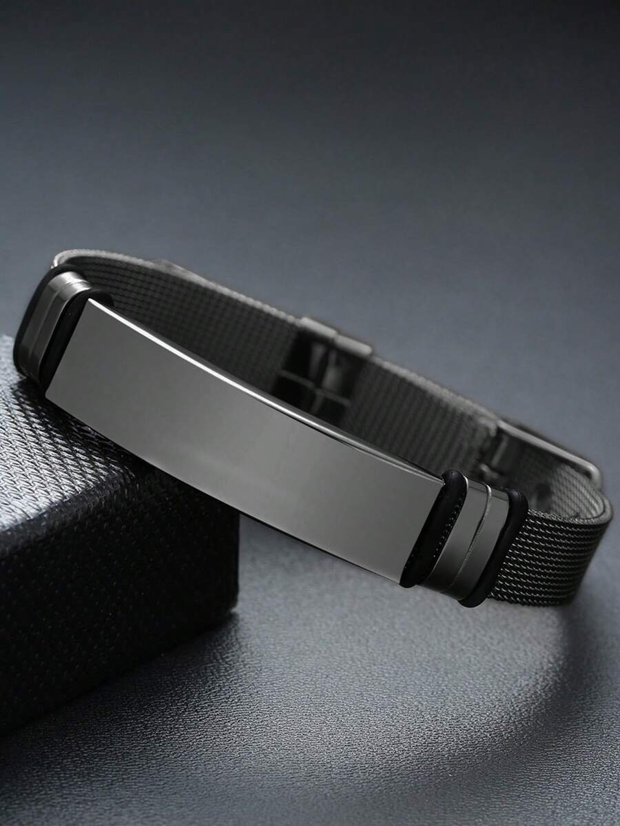 1入不鏽鋼彎曲名牌編織網黑手鍊,男款,長度17-22cm - 黑色 - 查看 1