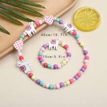 2 件裝創意可愛卡通小花獨角獸彩色串珠項鍊手鍊套裝裝飾配件節日生日派對禮物女孩 - 彩色 - 查看 2
