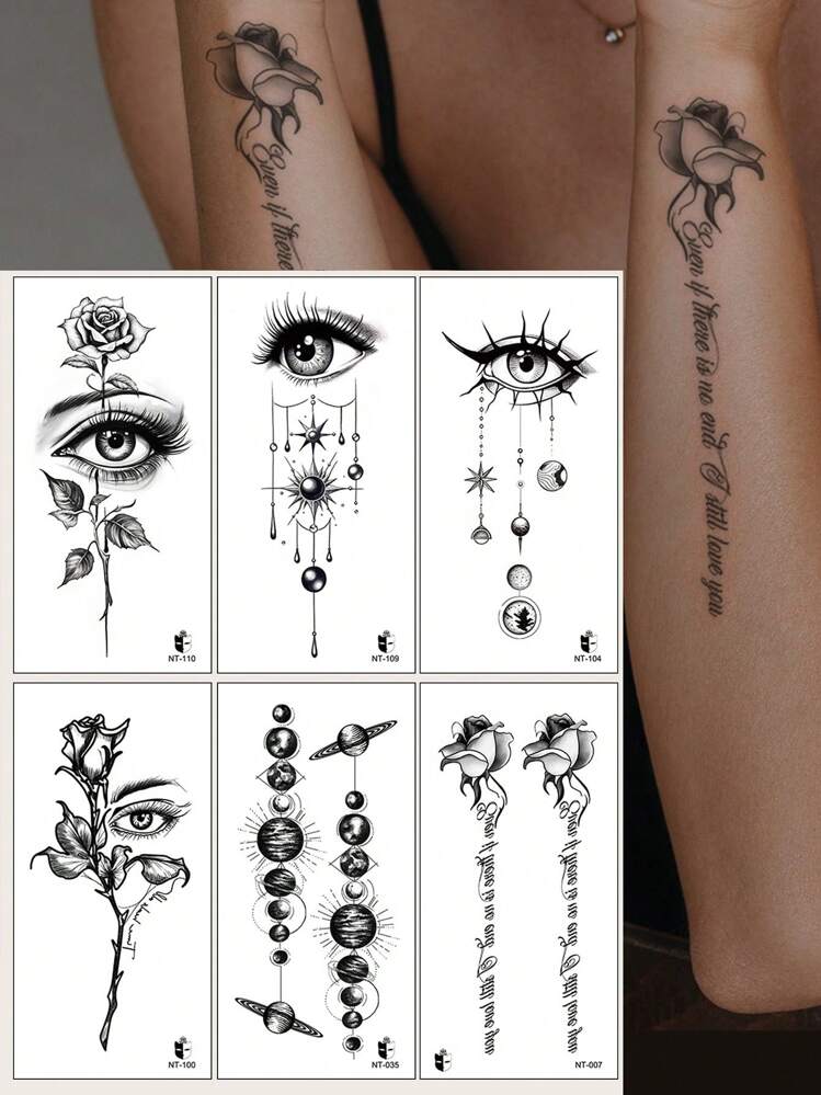 6入組黑眼睛/花卉/星球圖案臨時紋身貼紙,適用於手腕、胸前、腹部、背部及身體各部位 - 黑色 - 查看 1