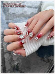 GIRL PLUS GIRLPLUS 10 件手工假指甲棺材，雪花指甲设计，时尚指甲套装，适合女士和女孩日常佩戴 - 酒紅色 - 查看 3