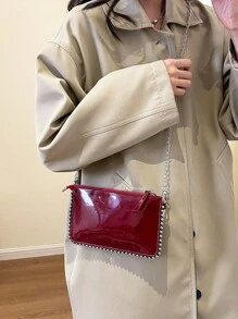 女式復古珠繡鏈帶斜挎包,酒紅色信封款手包,帶有光澤飾面,適用於工作禮物包 - 酒紅色 - 查看 4