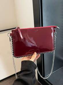 女式復古珠繡鏈帶斜挎包,酒紅色信封款手包,帶有光澤飾面,適用於工作禮物包 - 酒紅色 - 查看 2