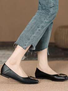 Zapatos Planos Para Mujer Zapatos Náuticos Sin Cordones Cómodos Con Fondo Suave Y Punta Cuadrada Francesa, Hebilla De Metal, Punta Redonda, Suave, Todas Las Estaciones, Estilo De Hada Suave Y Versátil, Zapatos De Boda En Tallas Grandes - Negro - Ver 5