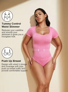 1件装女士纯色塑身连体衣，收腹瘦身连体裤 - 粉色 - 查看 3