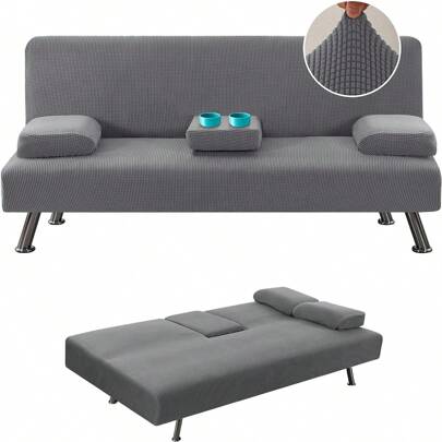  4 Pieces Stretch Futon Covers Sofa Bed Slipcover With Removable Armrests And Cupholders Covers Furniture Protector High Spandex Small Checks Jacquard Fabric, H.VERSAILTEX