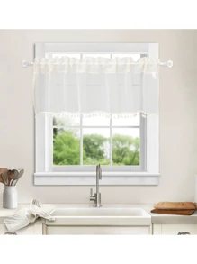 米白色半透明窗簾,簾頭掛孔設計,配有活力流蘇,適用於客廳、浴室、臥室等地,長度17英寸 - 米色 - 查看 2