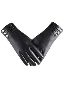 女士加厚保暖内衬冬季保暖手套带金属扣全指款式保暖 - 黑色 - 查看 3