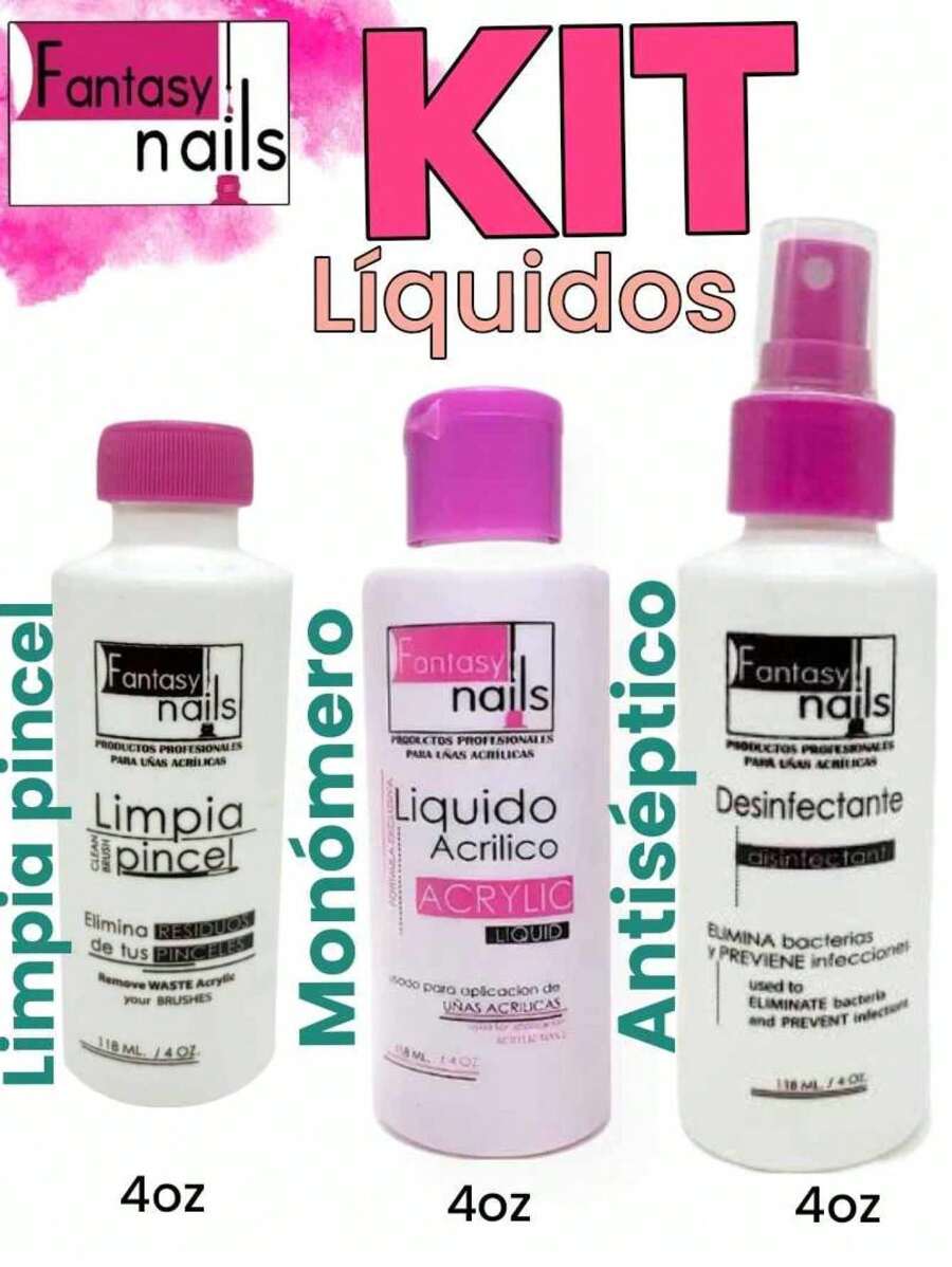 Kit Liquidos Fantasy Nails Monomero secado rapido  Limpia Pincel  Desinfectante uso profesional - Blanco - Ver 1