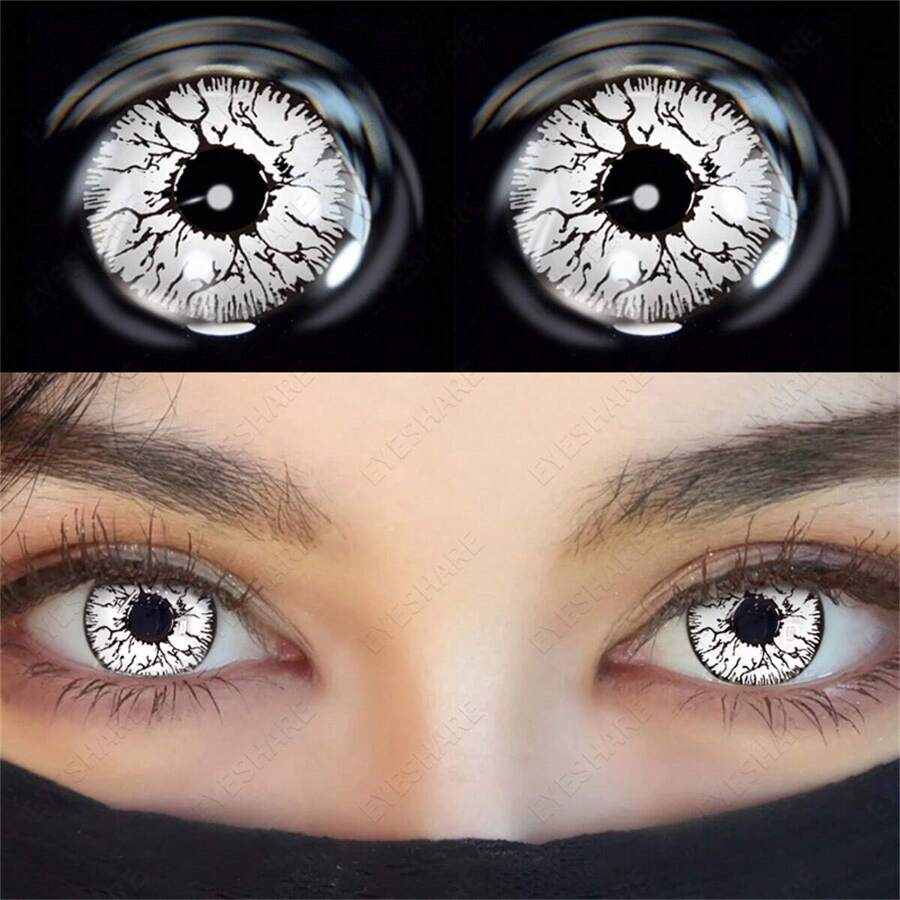 EYESHARE 彩色隐形眼镜 1 对 HEMA 动漫眼镜片 年度一次性化妆品软性彩色隐形眼镜 角色扮演派对眼睛 白色红色 万圣节服装角色扮演 - 白色 - 查看 1