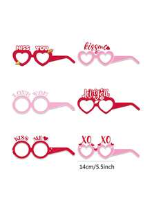 6pcs Valentine'S Day Paper Glasses Set, Pink Wedding Party Photo Props - Pink - View 5