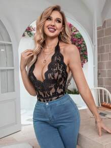 性感蕾絲領結連身衣，適用於外穿或睡衣 - 黑色 - 查看 7