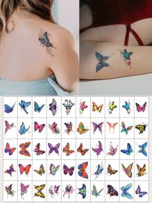50 Unids/set Colorido Mariposa Y Flor Patrón Combinación Tatuaje Temporal Pegatina Para Hombro, Cuello, Clavícula Y Mano, Impermeable - Multicolor - Ver 1