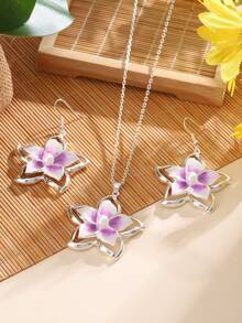 1套（1項鍊+1雙耳環）時尚亞克力、假珍珠、花卉裝飾珠寶套裝，適用於女士或女孩，完美的伴娘禮物 - 花 - 查看 4