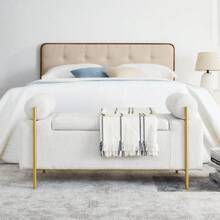 WellMall Linen Upholstered Bed End Storage Bench,Bedroom End of Bed Storage Bench with 2 Cylider Pillow Arms,44' Long Storage Ottoman Bench with Golden Metal Legs for Living Room Entryway and Window - 白色 - 查看 7