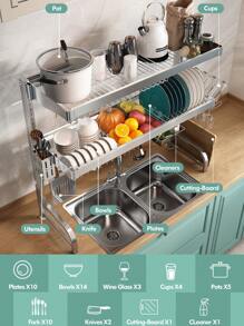 Over Sink Dish Drying Rack, Adjustable (25.6"-35.5") 3 Tier Large Dish Rack Drainer For Kitchen Storage Counter Organizer, Full 304 Stainless Steel Shelf With Utensil Holder And 10 Hooks - Silver - View 2