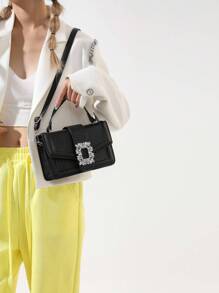 新款小方包时尚斜挎包单肩包水钻装饰翻盖方包适合上班通勤约会逛街 - 黑色 - 查看 5