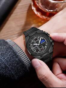 HANNAH MARTIN de hombres de acero inoxidable Reloj con negro esfera , sol con luna y estrella funciones , octagonal Funda , Calendario , resistente al agua - Negro - Ver 5