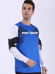PRO THOR Áo thun nam tay dài in họa tiết xe máy màu xanh dương, co giãn, thoáng khí, cá tính, áo thể thao ngoài trời mùa hè dành cho đạp xe, đạp xe leo núi, đạp xe đổ đèo - Màu xanh lam - Xem 3