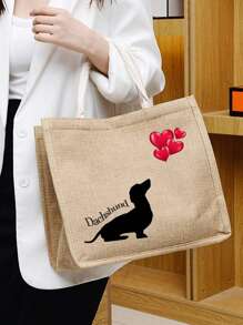 1Pc Cute Print Sausage Dog Tote Bag,Linen Letter Print Linen Tote Bag Set Teacher Gift,Large Shopper Bag Casual Sausage Dog Graphic For ShoppingBeach Bag Travel Bag Christmas Bags Handbag Shoulder Bag Ladies Bags Crossbody Bag Crochet Storage Bags Makeup Bag Purses Organizer Lunch Bag White HandStrap Shopping Bag Holiday Essentials Dachshund Valentines Gift - Khaki - View 1