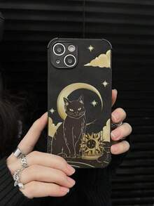 One Moon Black Cat Print Black Suede Leather Fine Hole Phone Case Compatible With IPhone - Multicolor - View 2