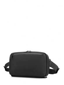 1個黑色男士聚酯纖維胸包腰包,簡單時尚的拉鍊設計,方便旅行,約會和學校的腰包斜背包運動背包適用於商務禮品,丈夫爸爸情人節禮物男士 - 黑色 - 查看 3