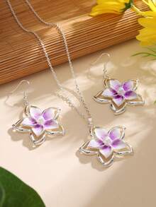 1套（1項鍊+1雙耳環）時尚亞克力、假珍珠、花卉裝飾珠寶套裝，適用於女士或女孩，完美的伴娘禮物 - 花 - 查看 7