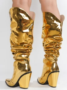 Women's  Metallic Mid Block Heel Booties - Single Pointy Toe Metallic/Holo Western High Heel For Special Events - Vàng - Xem 6