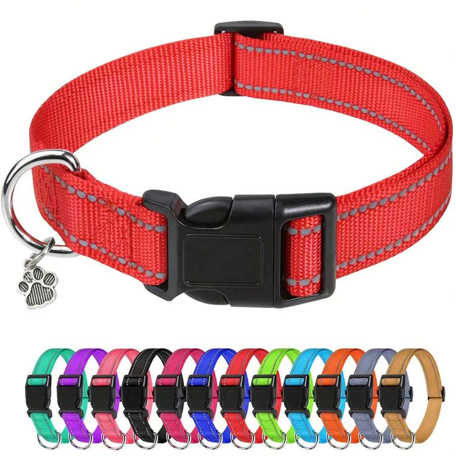 反光狗爪印花納龍寵物項圈,適用於大/中/小型犬,尺寸可調 - 紅色 - 查看 1