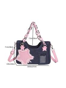 大容量牛仔布女士旅行&購物手提包,可作手提包或斜背包使用,帶有色塊設計適合女孩 - 寶藍色 - 查看 4