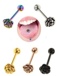 2入組珍奇雕花玫瑰花紋直桿舌環,歐美用鈦鋼和不鏽鋼製成耳釘,適用於女性和男性身體穿孔首飾 - 玫瑰花舌釘 - 查看 1