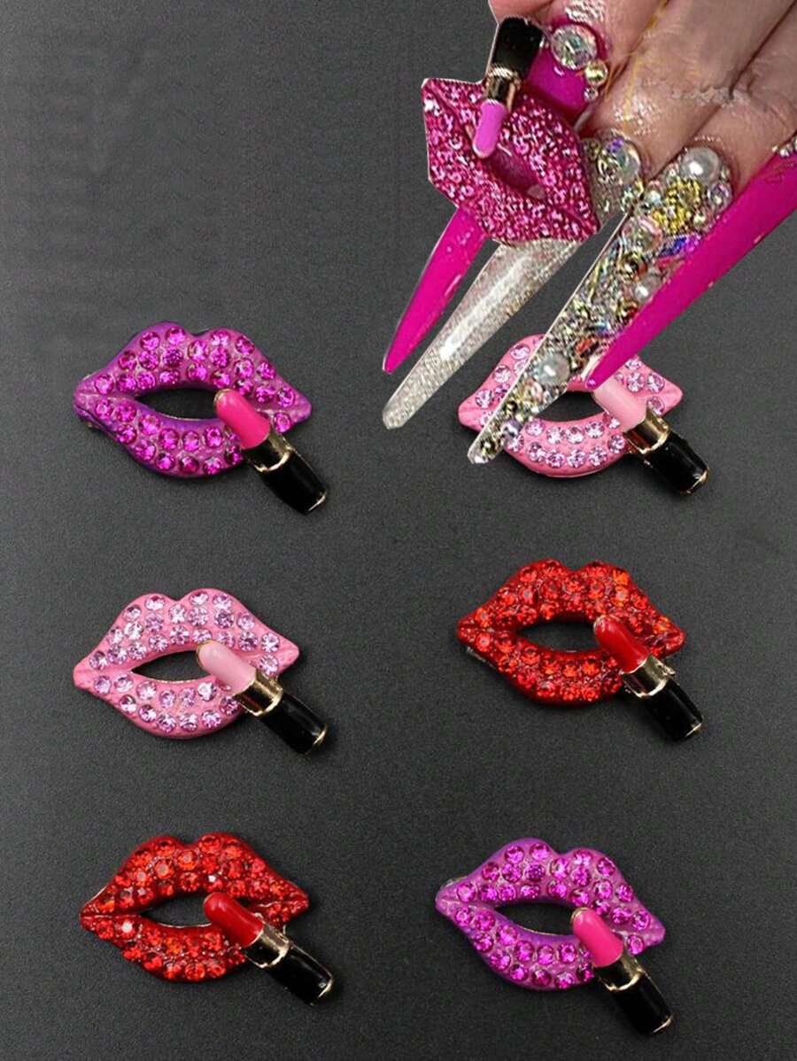 3件3色性感唇形美甲饰品3D金属爱心唇形美甲饰品合金DIY美甲装饰指甲宝石美甲用品 - 彩色 - 查看 1