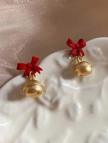 1 對聖誕主題時尚甜美女孩風格紅色蝴蝶結,鐘形設計精緻百搭別緻耳環 - 甜美聖誕節蝴蝶結鈴鐺耳墜 - 查看 3