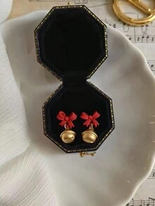 1 對聖誕主題時尚甜美女孩風格紅色蝴蝶結,鐘形設計精緻百搭別緻耳環 - 甜美聖誕節蝴蝶結鈴鐺耳墜 - 查看 2