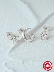 3入組925銀ins立體立方體星月耳針套裝,18k鍍金多入組潮流女士耳環,適用於多重穿洞,婚禮派對訂婚聖誕禮物 - 銀色 - 查看 9