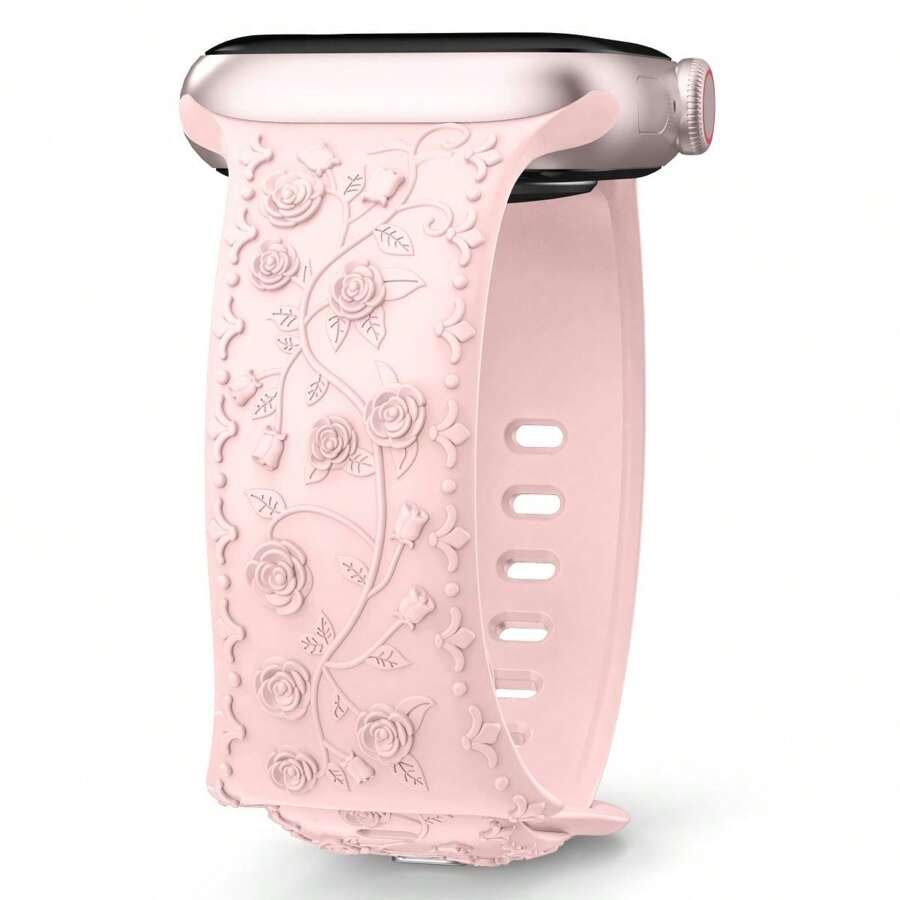 Unbeinst 1 条压纹玫瑰硅胶表带，女士防水运动表带，适用于 Apple Watch Series 10/9/8/7/6/5/4/3/2/1/Ultra 2/Ultra/SE - 粉砂 - 查看 1