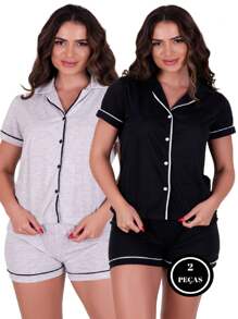 Kit 2 Pijamas com Gola Manga Curta Com Botões Linha Noite