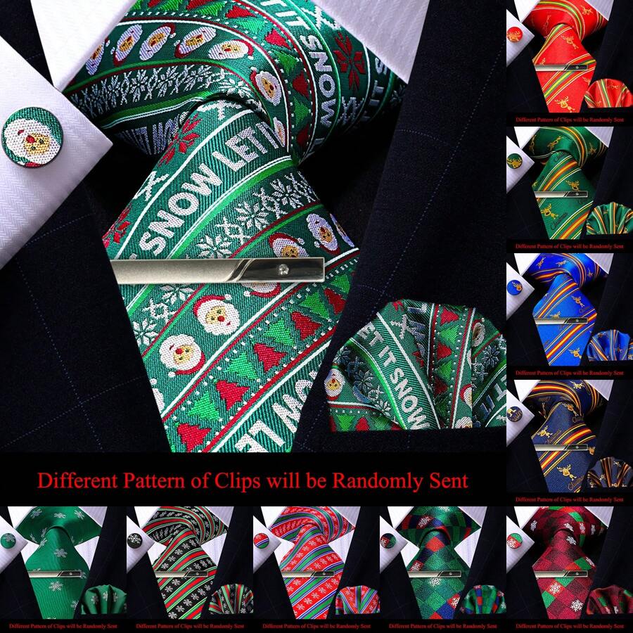 男士領帶+口袋方手帕+袖扣+領帶夾,聖誕領帶,適用於商務、正式場合、婚禮,適用於父親、兒子、男友、丈夫等送禮,藍色聖誕老人領帶套裝 - 綠色 - 查看 1